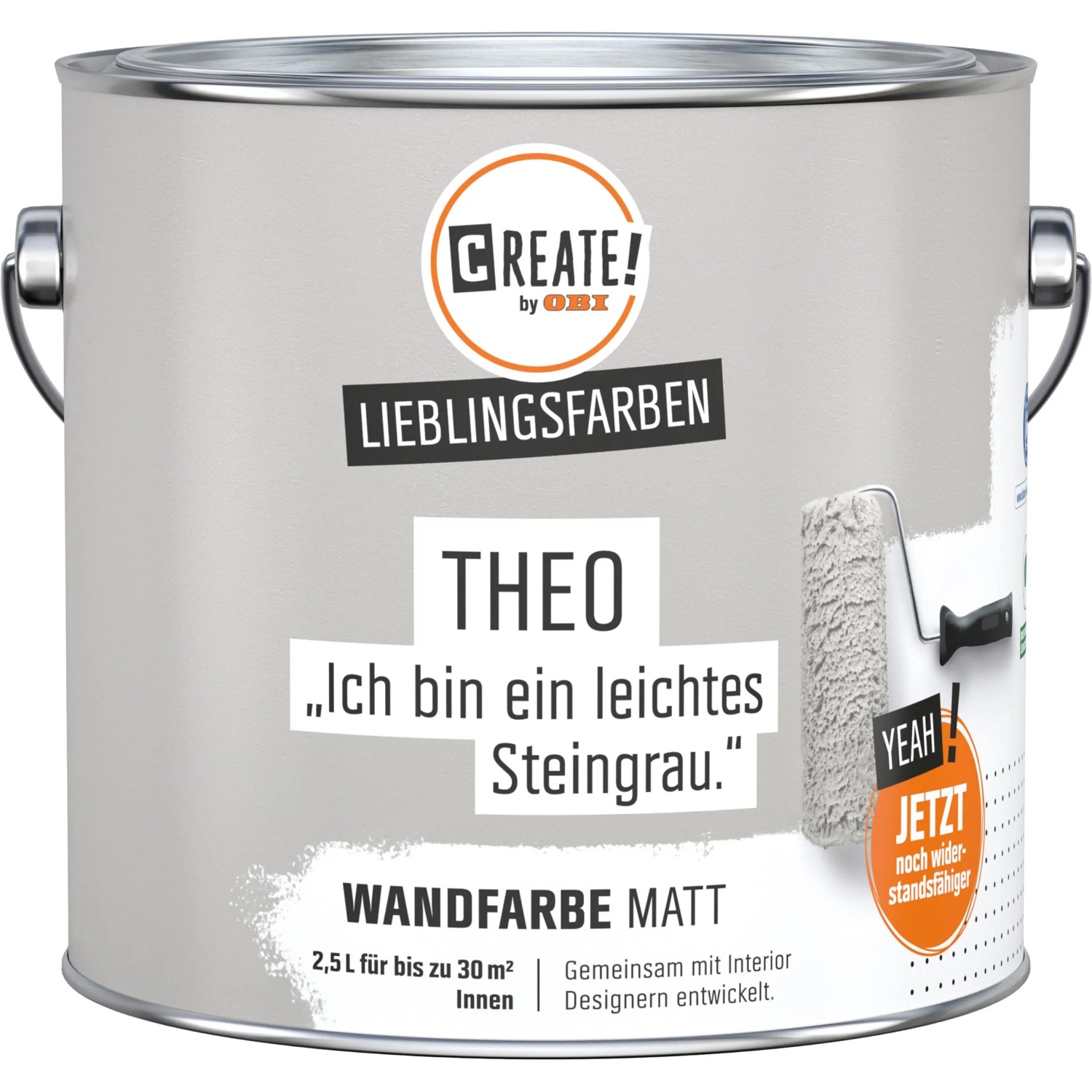 CREATE! by OBI Wandfarbe Theo Steingrau, matte Innenfarbe im 2,5 l Eimer.