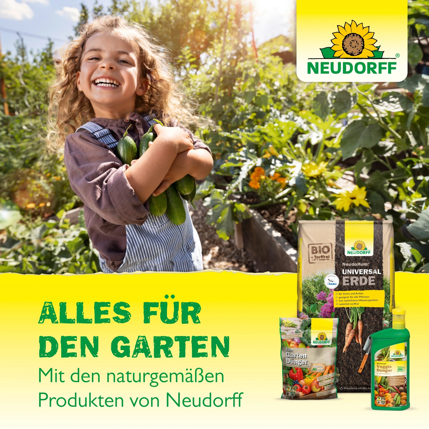 Neudorff Gartenprodukte: Mädchen mit Gurken, Erde, Dünger. Alles für den Garten mit Neudorff.