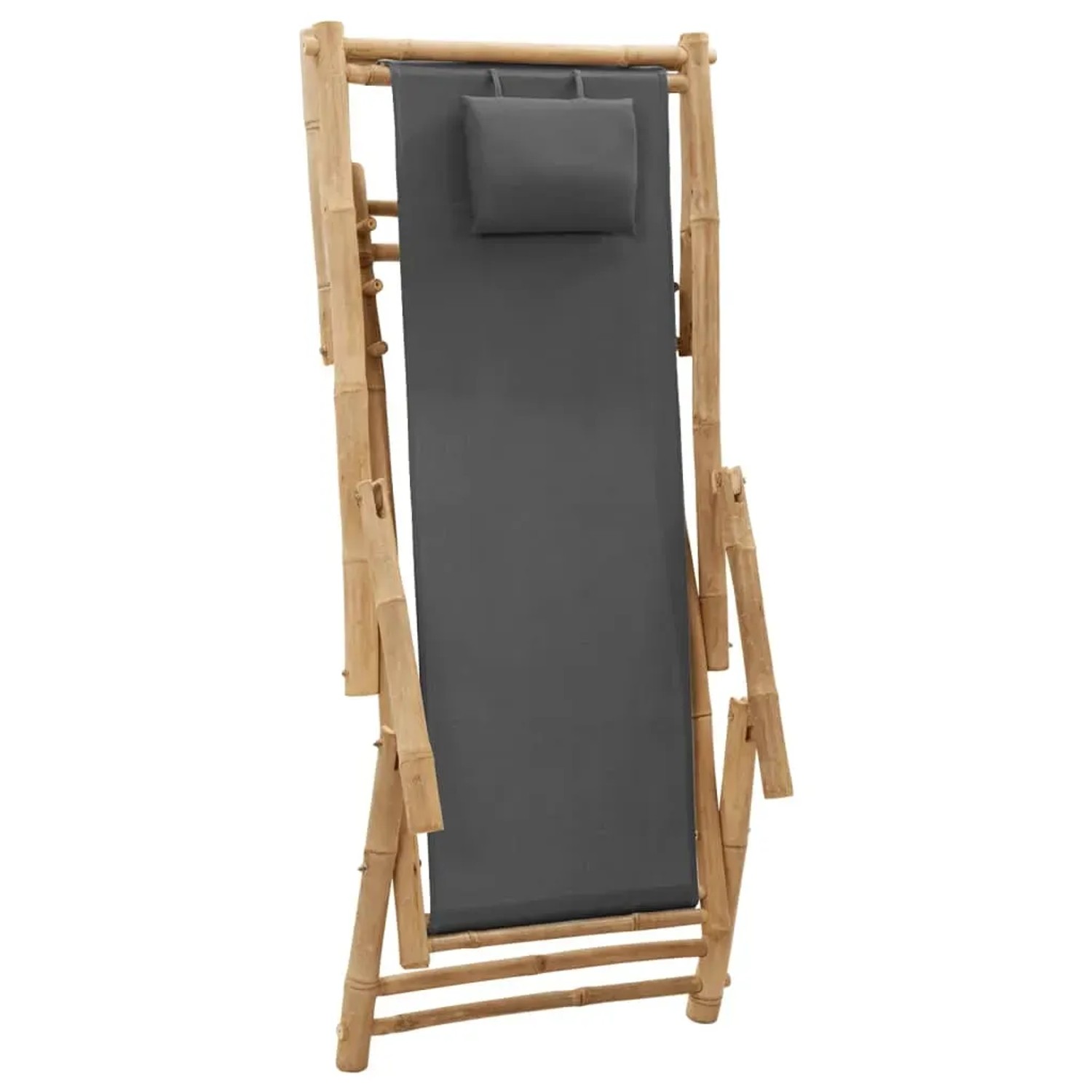 Dunkelgrauer vidaXL Liegestuhl aus Bambus und Canvas, zusammengeklappt.