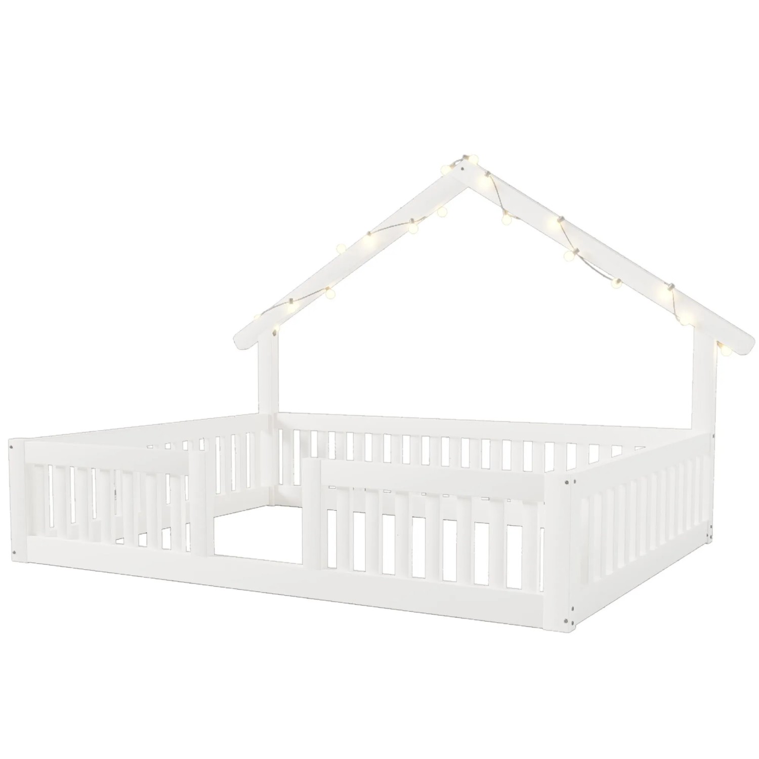 Merax Holz Hausbett 140x200 cm Mit Rausfallschutz Sicherheitsgitter LED Weiß