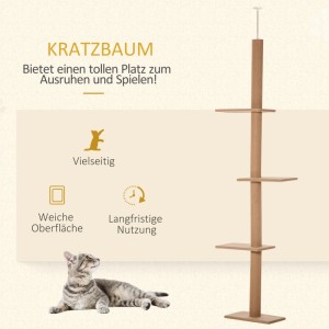 Deckenhoher PawHut Kratzbaum mit mehreren Holzplattformen für Katzen zum Klettern und Ausruhen.