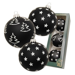Krebs Glas Lauscha Weihnachtskugeln Ebony, 3er Set, schwarz mit weißen Sternen und Tannenbäumen.