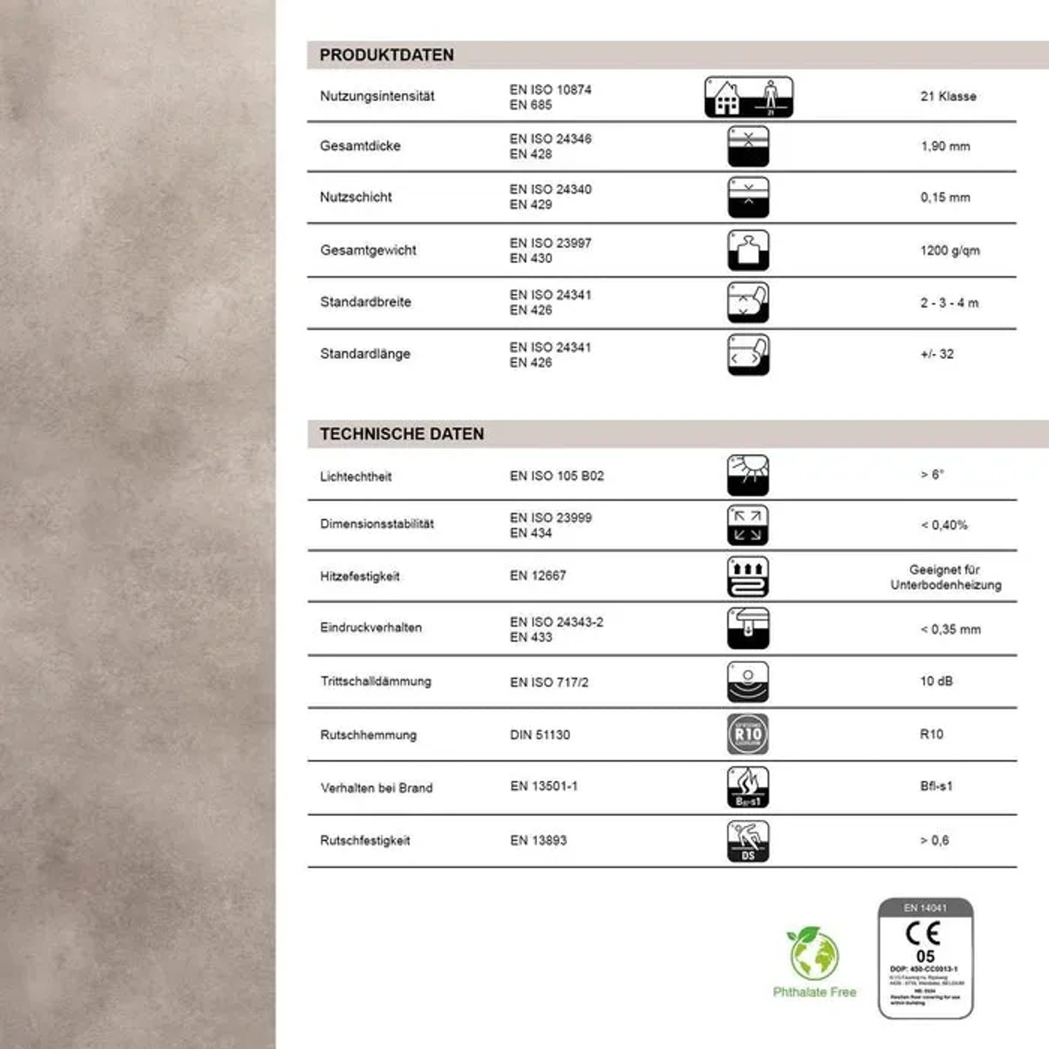 Infografik zu technischen Daten und Produkteigenschaften des Karat CV Bodenbelags Atlantic Midas.