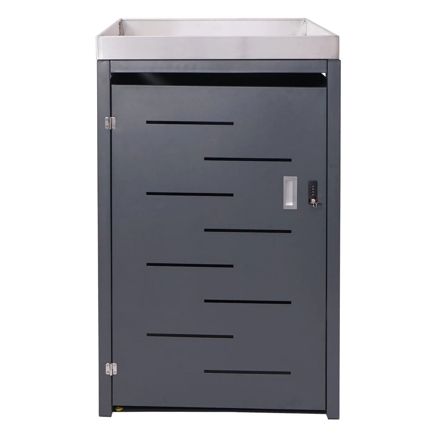 Anthrazitgraue Mülltonnenbox für eine Tonne (80-240L) mit Pflanzkasten aus Edelstahl.