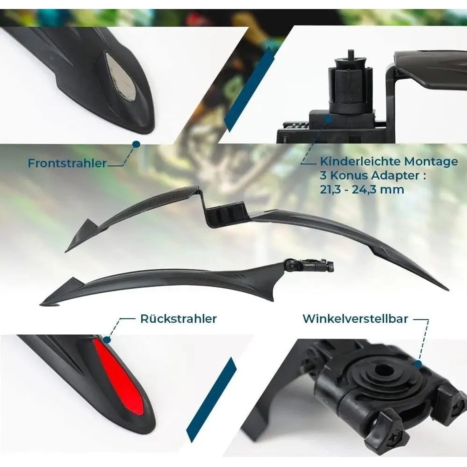 Sportisfaction Schutzblech Set für 26-29 Zoll Fahrräder, leicht, mit Reflektoren und Montageadapter.