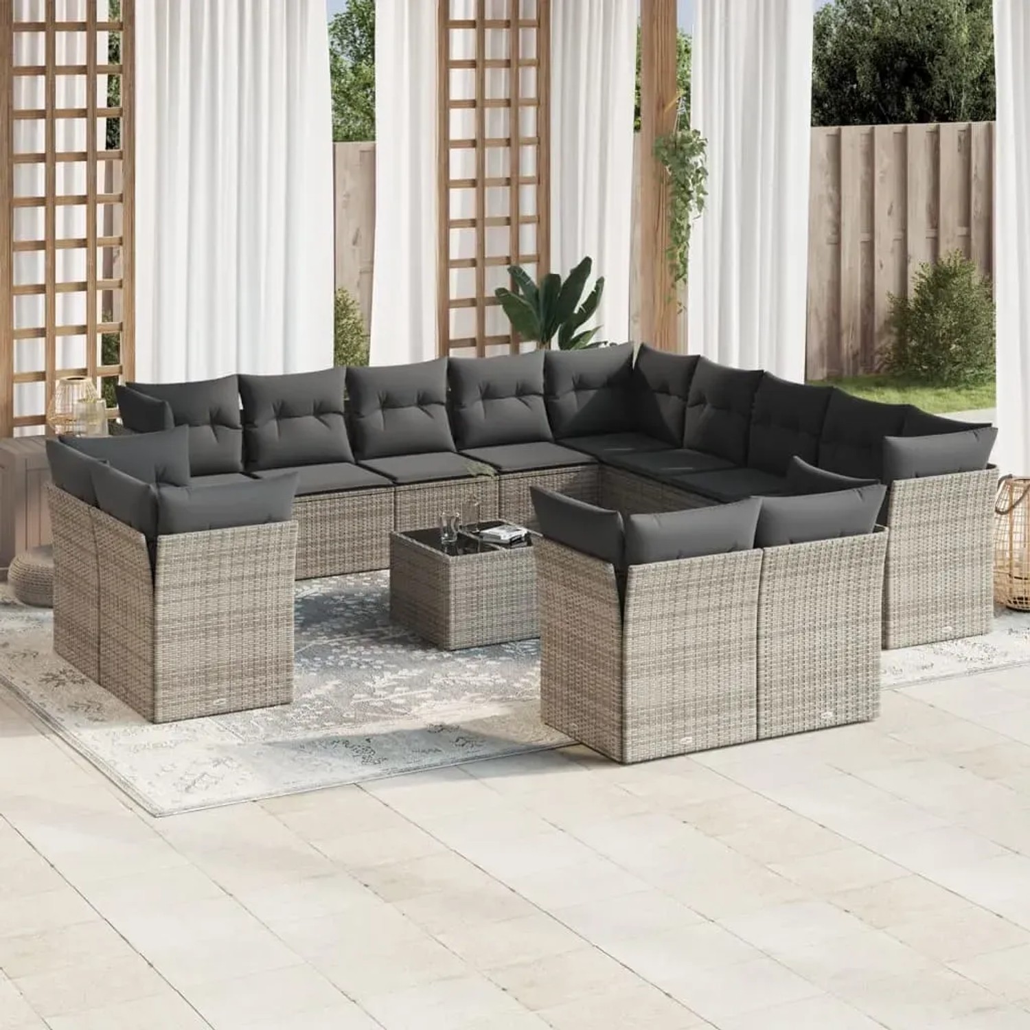 Graue 14-tlg. vidaXL Garten-Sofagarnitur aus Polyrattan mit Kissen für Terrasse und Garten.