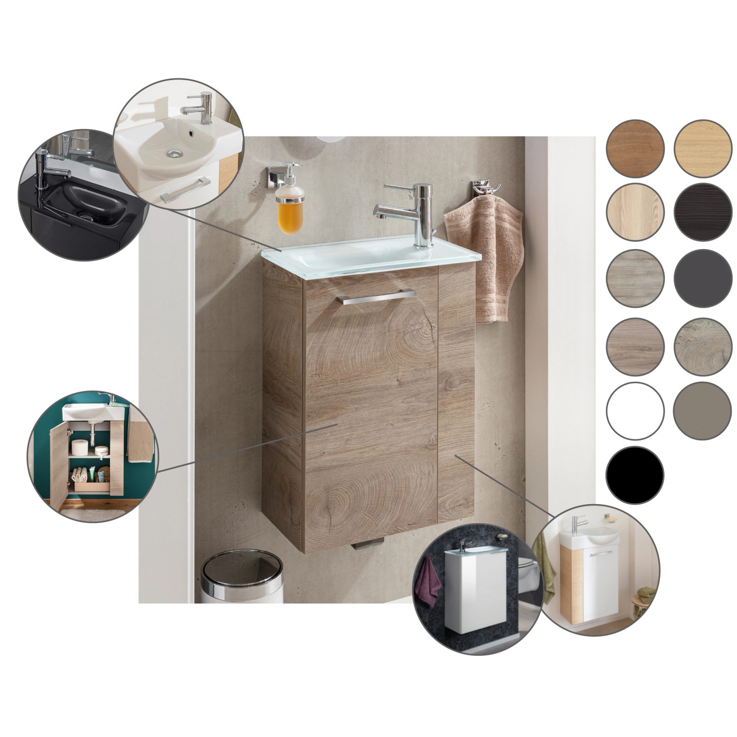 Fackelmann Mini-Waschtischunterschrank SBC rechts, 44x60x24cm, Schwarz Matt, Holzdekor