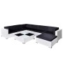 Weißes 8-tlg. vidaXL Garten-Lounge-Set aus Rattan mit schwarzen Auflagen und Tisch.