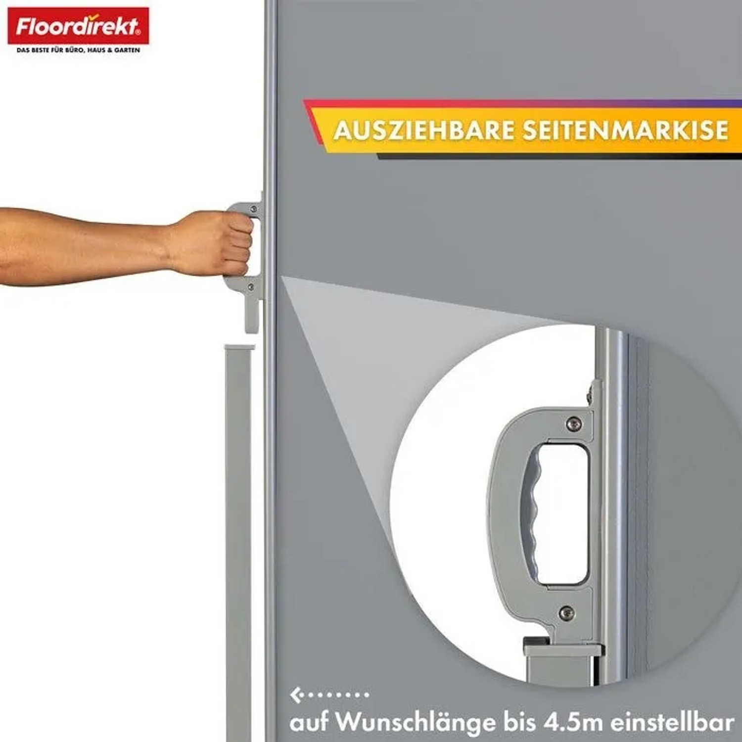 Hand zieht hellgraue Floordirekt Seitenmarkise aus. Alu-Sichtschutz mit Griff und Kindersicherung für Balkon.