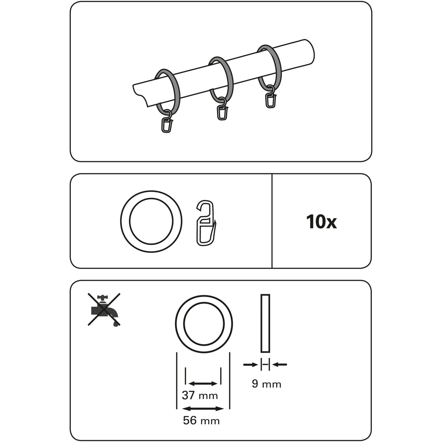 Gardinia Gardinenringe Lugano, 10er-Pack, Naturholz, für 28 mm Stangen, mit Faltenlegehaken.