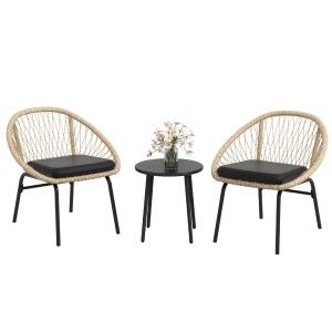 Outsunny Gartenmöbel Set mit 2 Stühlen und Tisch, Rattan gelb, schwarze Kissen.