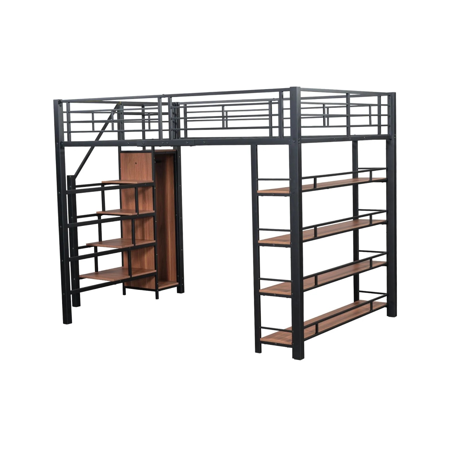 okwish Hochbett 140x200cm mit Treppe Stauraum und Kleiderschrank Jugendzimmer Schwarz ohne Matratze
