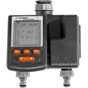 Gardena MultiControl duo: Bewässerungscomputer für zwei Gartenbereiche mit Display.