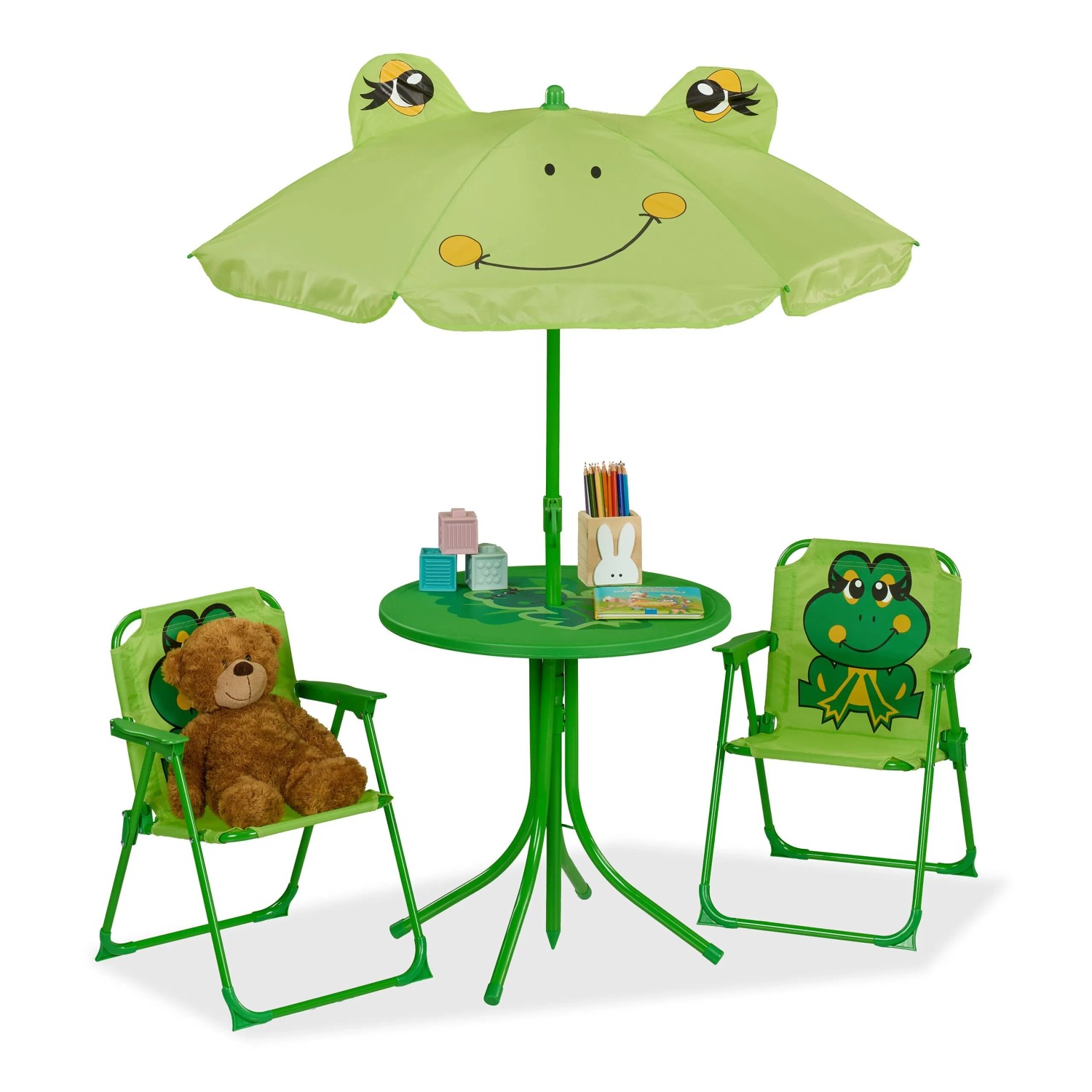 Relaxdays Kindersitzgruppe Eisen Kunststoff Polyester mit Schirm Frosch 53 cm x 36 cm x 37,5 cm