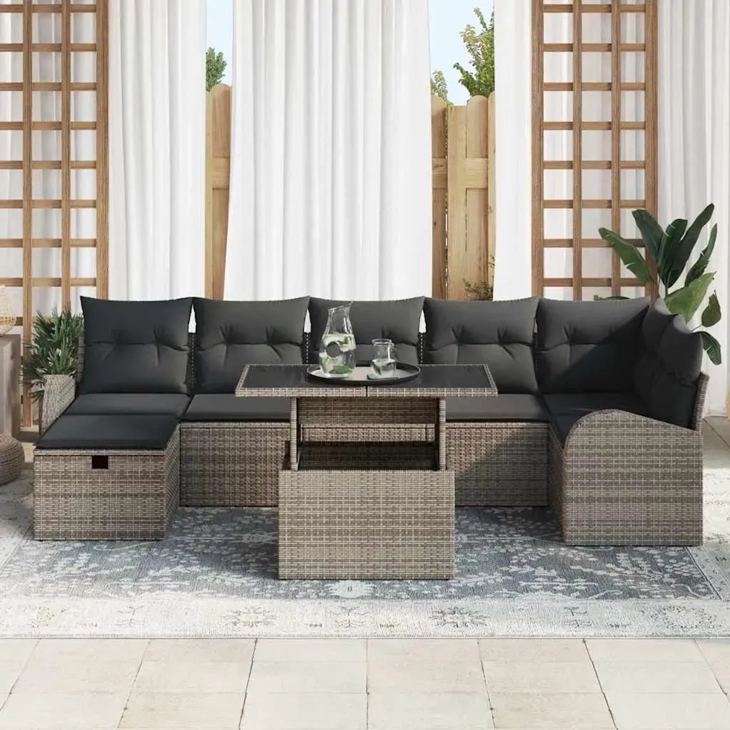 Graues 8-tlg. vidaXL Garten-Sofa-Set aus Polyrattan mit Kissen und Tisch mit Stauraum.