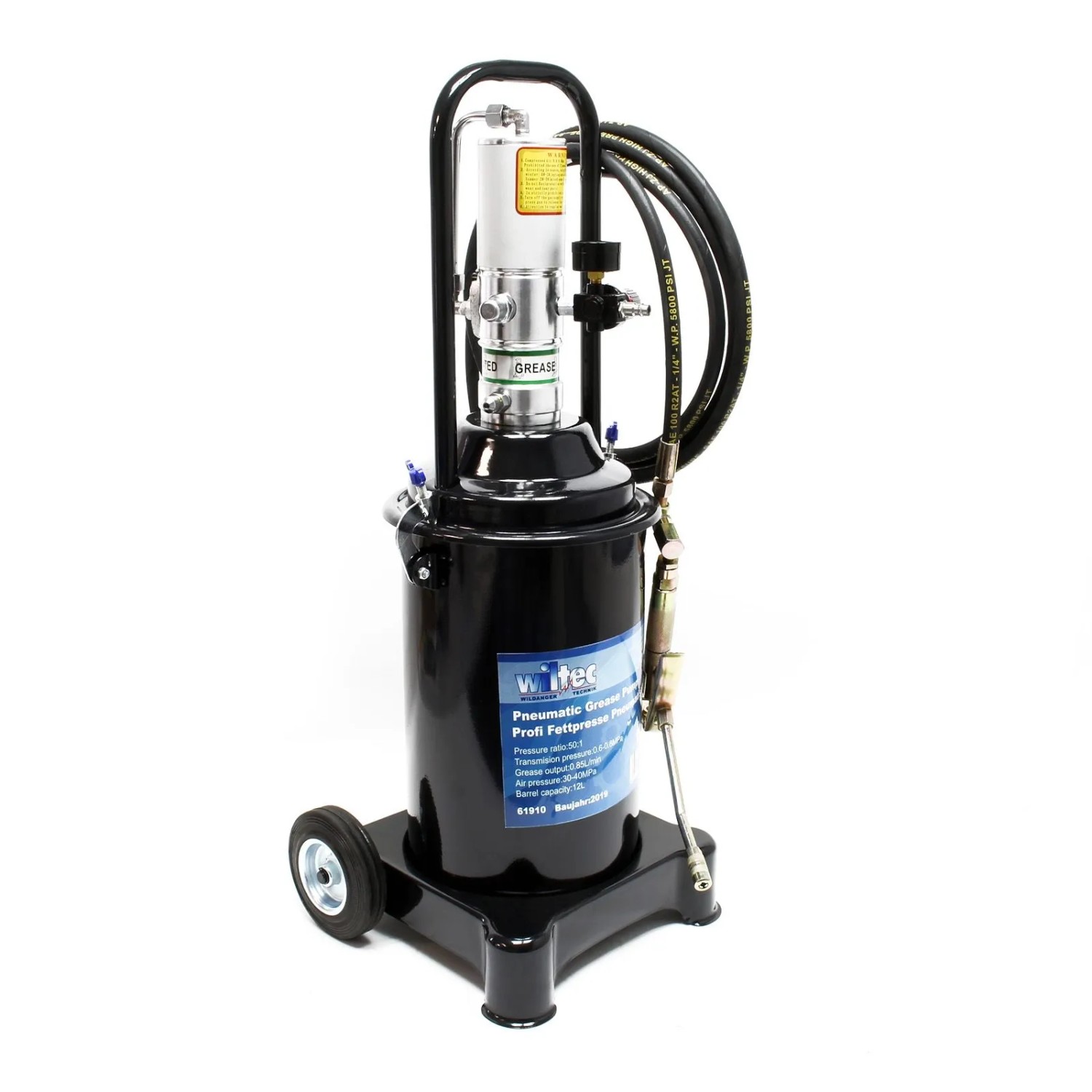 Wiltec Profi Fettpresse 12Liter Druckluft Pneumatisch Fahrbar Abschmierpresse Schmieren