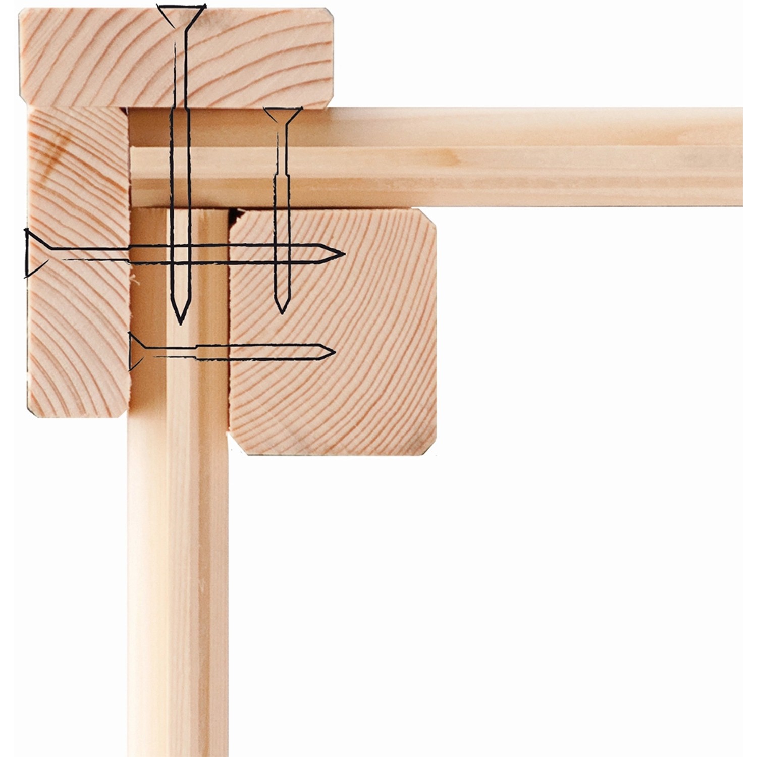 Detailaufnahme Karibu Gartenhaus Boras: Holzverbindung mit Schrauben, unbehandelt.