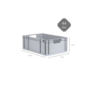 Graue PROREGAL Eurobox 44L mit Scharnierdeckel, Griffe offen, 22x40x60cm, für Lagerung & Transport.