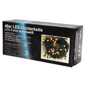 Lex 48er LED Lichterkette warmweiß auf schwarzer Verpackung. Grünes Kabel, 48 LEDs für außen & innen.