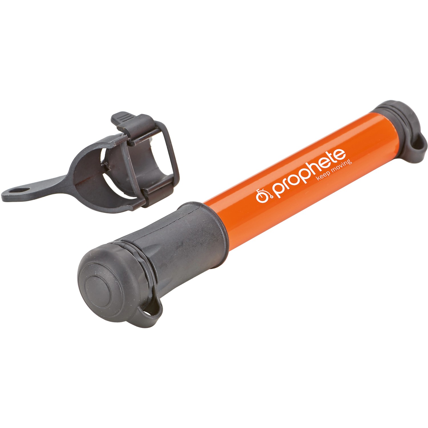 Prophete Mini-Luftpumpe, orange, mit Halterung für Fahrradreifen.