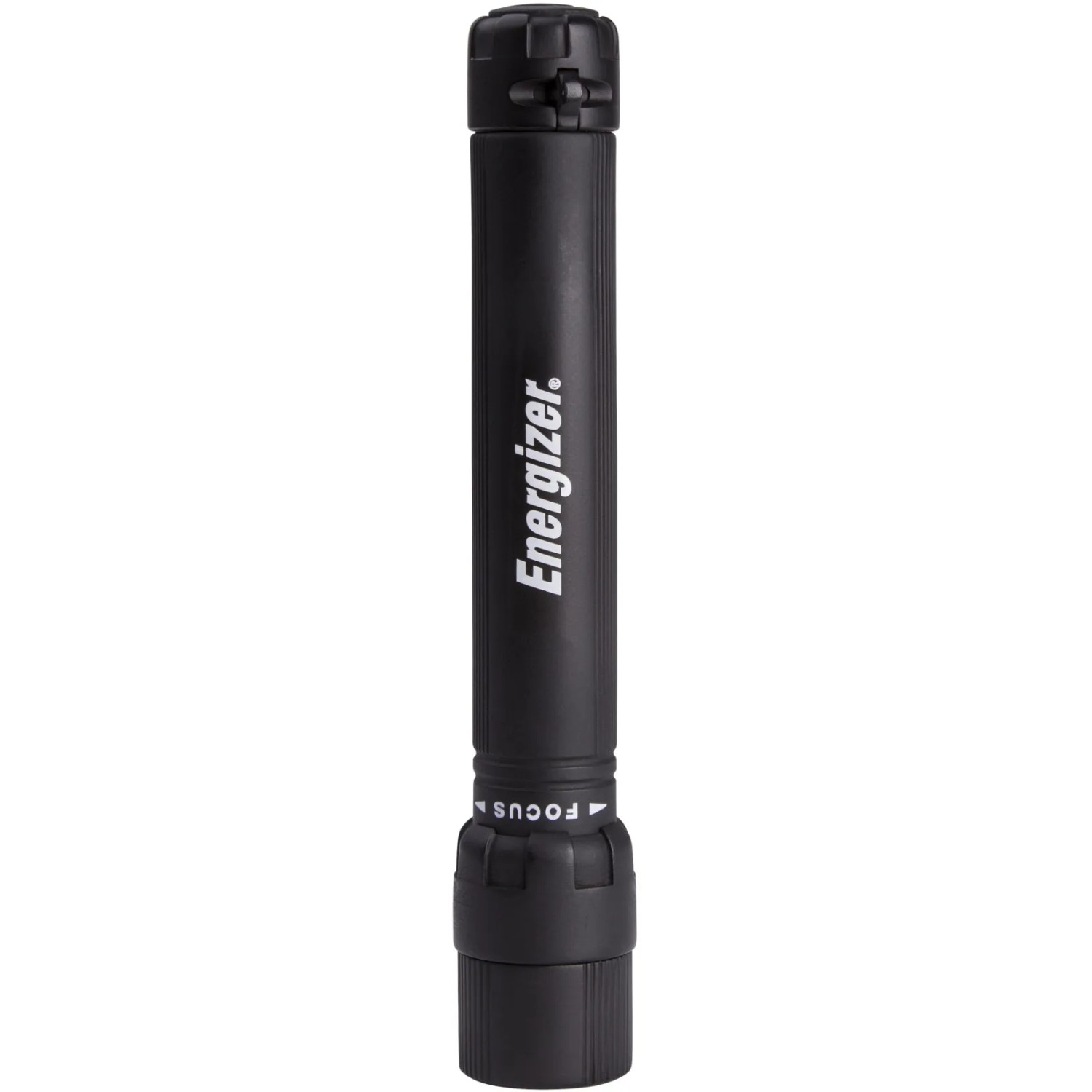 Schwarze Energizer X-Focus Taschenlampe mit Strahlfokussierung und Batterien.
