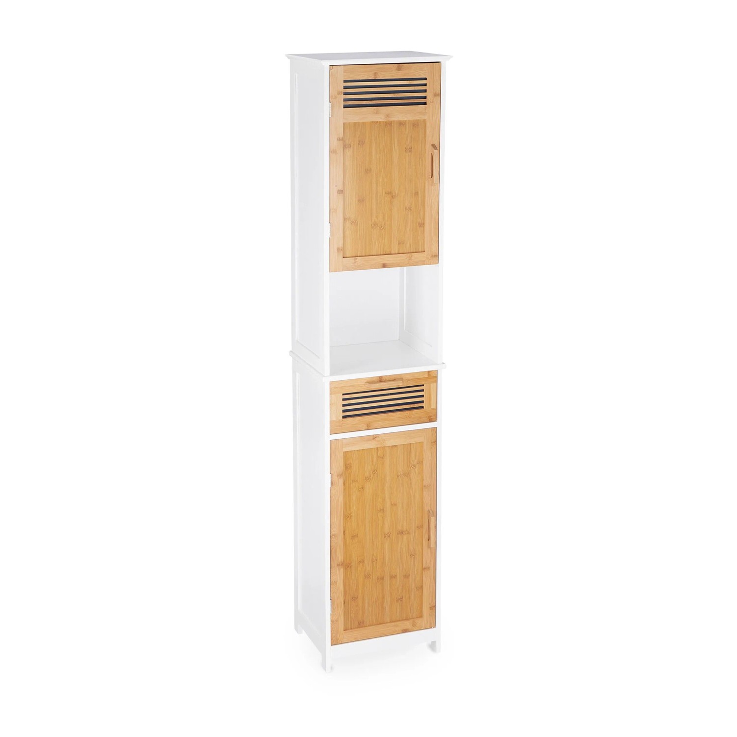 Relaxdays Badschrank MDF Bambus Weiß Braun Magnetisch 180 cm x 39 cm x 30 cm