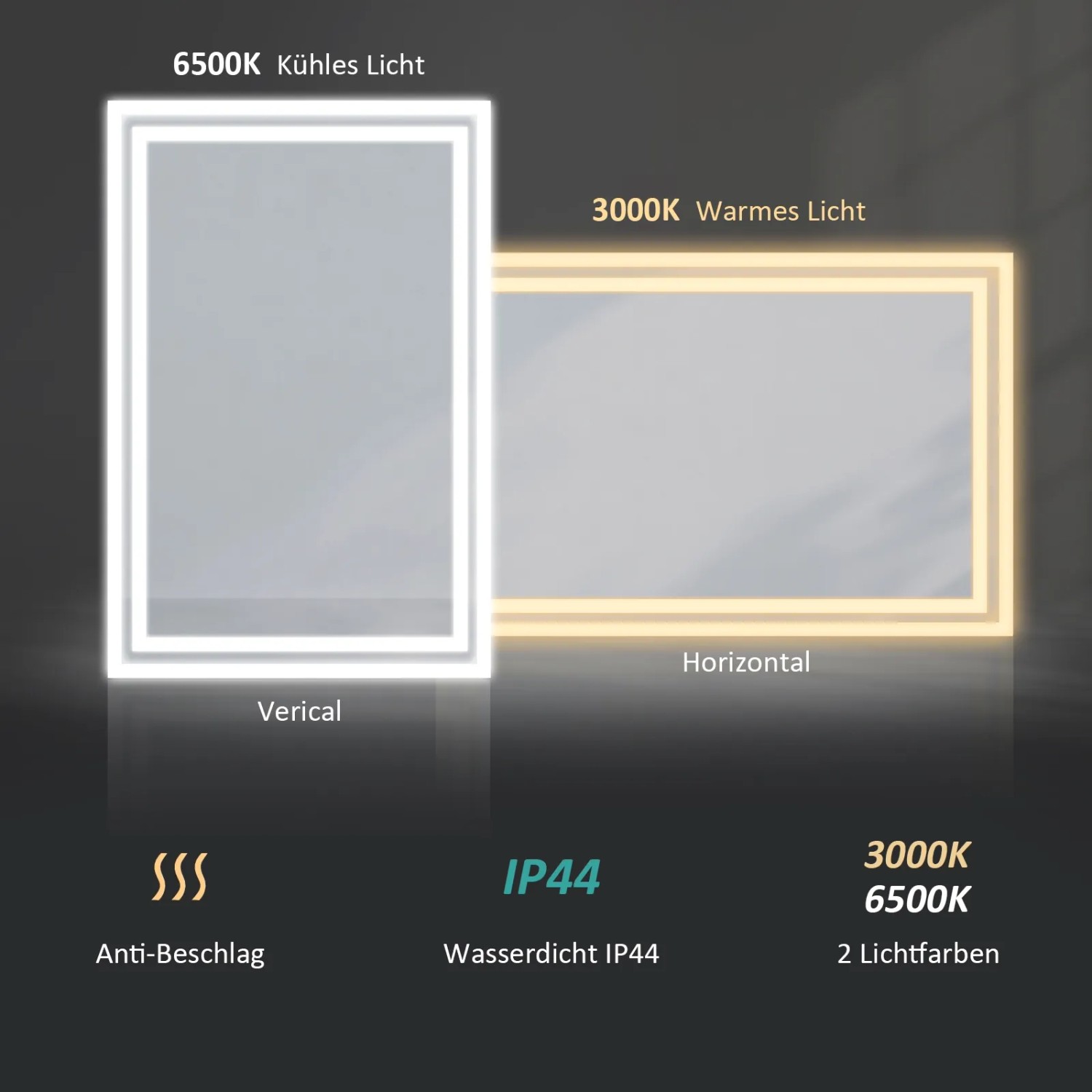 Emke LED Badspiegel 60x40 mit Beleuchtung, Kaltweiß & Warmweiß, vertikal und horizontal montierbar.