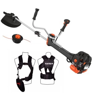 FUXTEC Profi Benzin Motorsense FX-PS152 mit orangefarbenem Motor, schwarzem Schaft, Fadenkopf und Komfort-Tragegurt.
