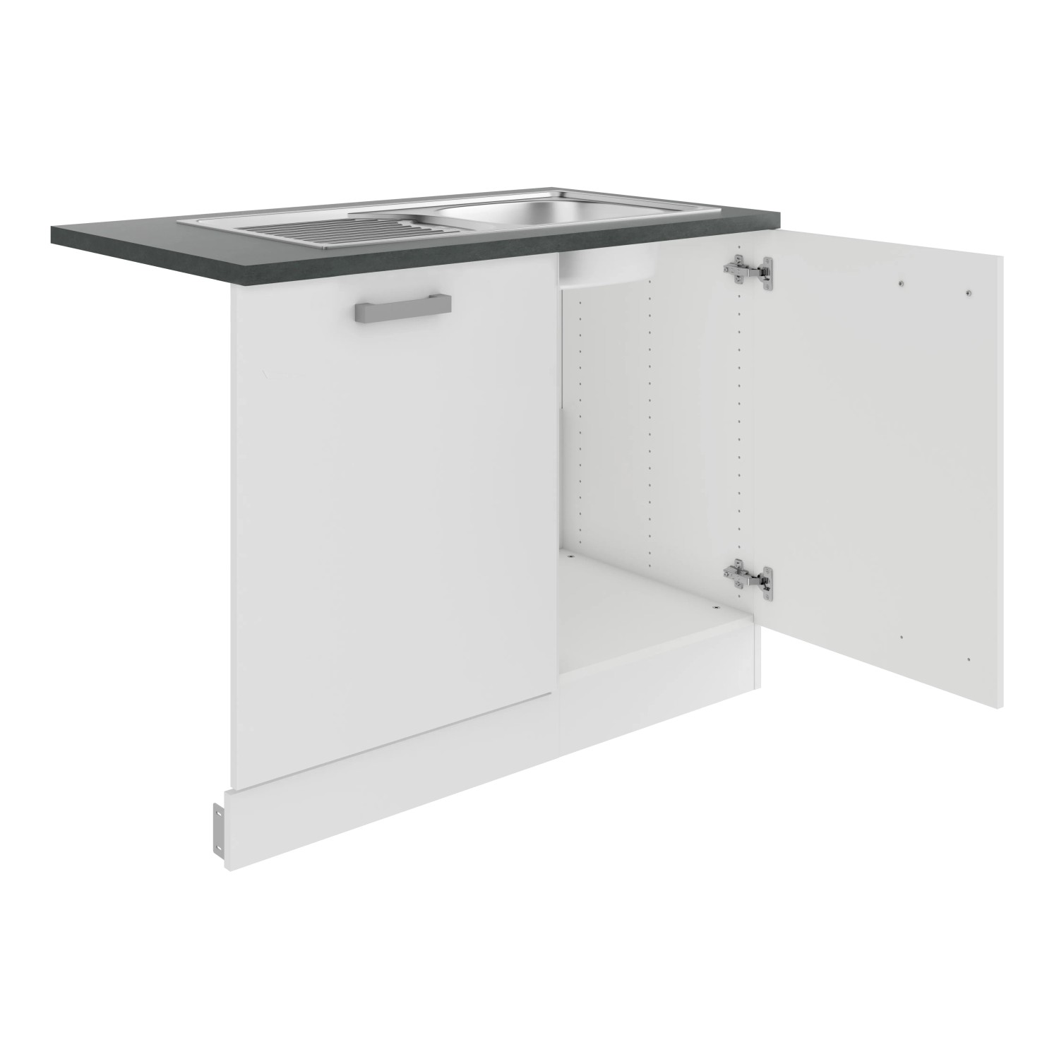 OPTIFIT Spülenschrank-Set Oslo214, Feinstruktur Weiß, mit Edelstahlspüle und anthrazitfarbener Arbeitsplatte.