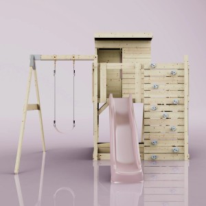 PolarPlay Spielturm Alma mit Schaukel und Rutsche, altrosa. Holzspielturm mit Kletterwand.