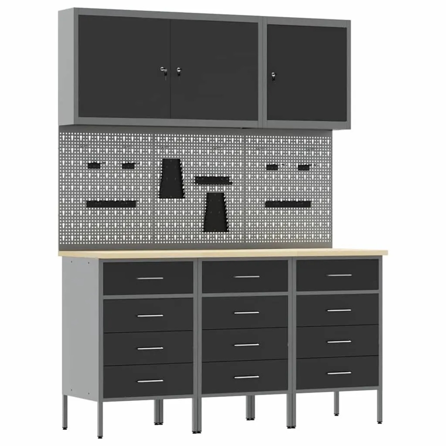 vidaXL Werkbank mit Schubladen 8-Tlg Schwarz Ingenieure Holz und Stahl 3321434