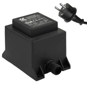 Schwarzer Kerry Electronics Trafo 39,6W 12V IP44 mit Netzkabel und 2-Pin-Stecker für Elektroinstallation.