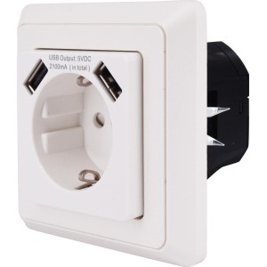 Weiße USB-Steckdose PrimaLuxe mit Rahmen für das Aufladen von Geräten.