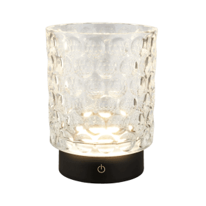 Dimmbare Brilo Akku-LED-Tischleuchte Sunora aus Glas, klar. Design-Tischlampe mit Touchfunktion.