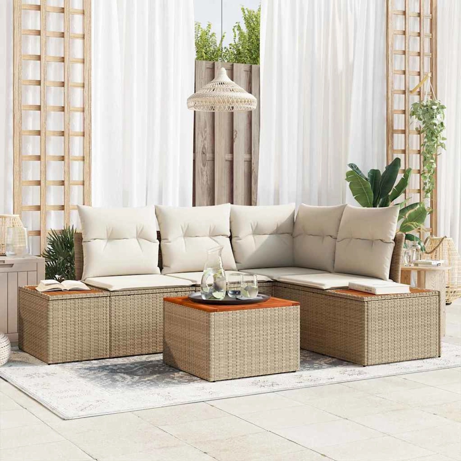 vidaXL Garten-Sofa-Set mit Kissen 5-Tlg Beige Poly Rattan 3348082 günstig online kaufen