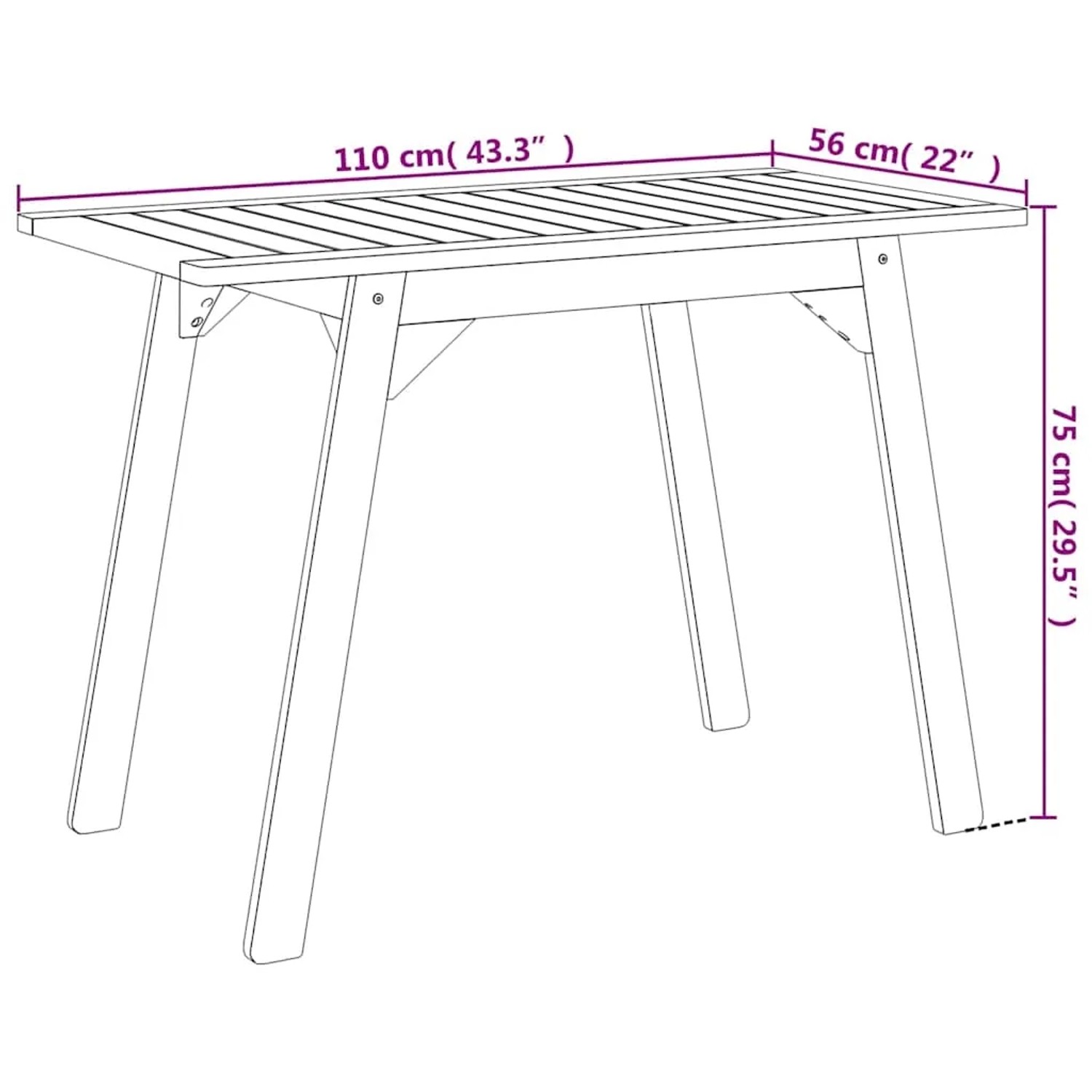 Skizze des vidaXL Balkon-Sets aus Akazienholz mit Tischmaßen. Gartenmöbel.