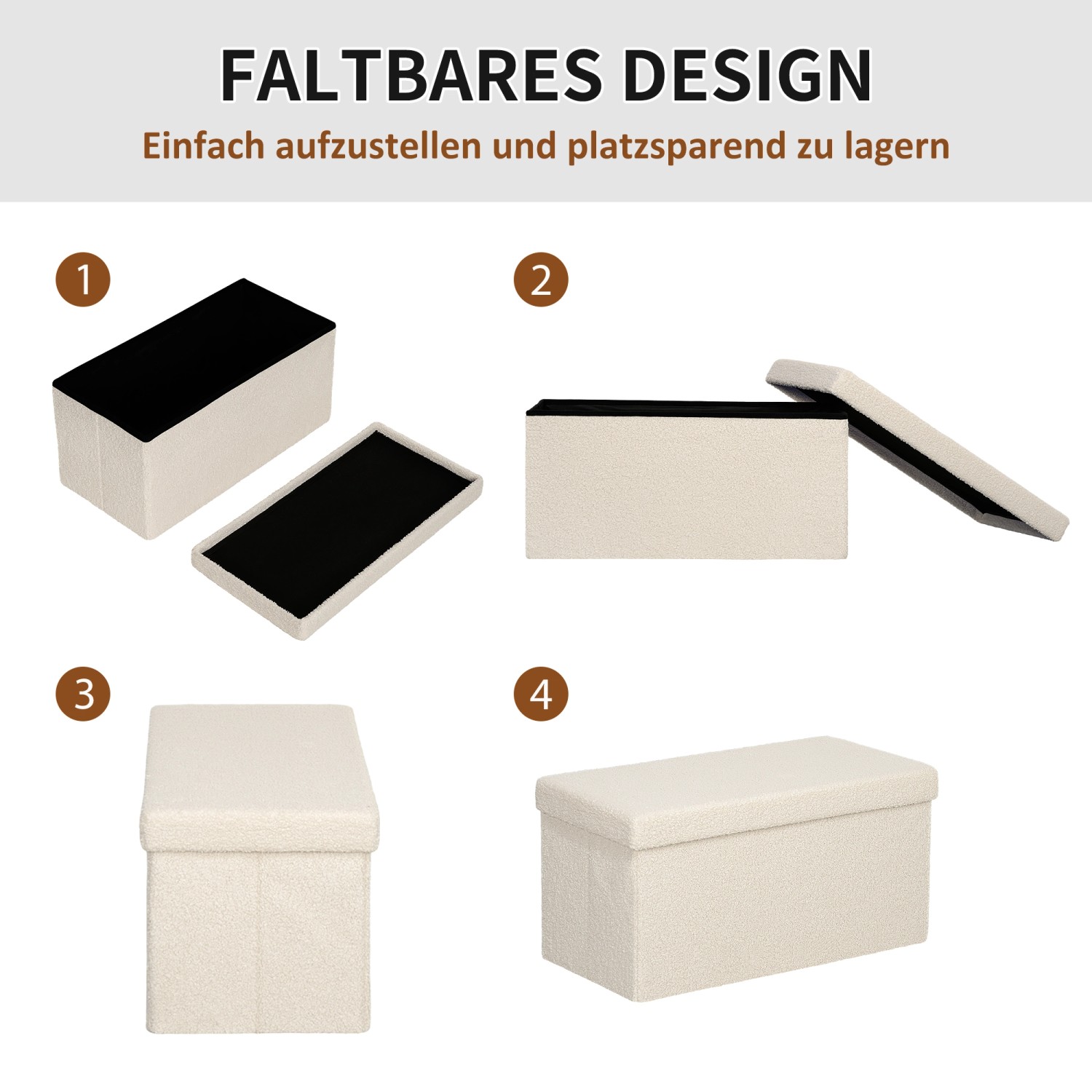 HOMCOM Sitzbank Cremeweiß mit Stauraum, faltbar in 4 Schritten