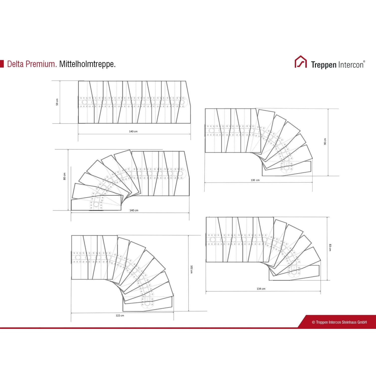 Technische Zeichnung der Intercon Delta Premium Raumspartreppe. Verschiedene Konfigurationen der Mittelholmtreppe mit Maßen.