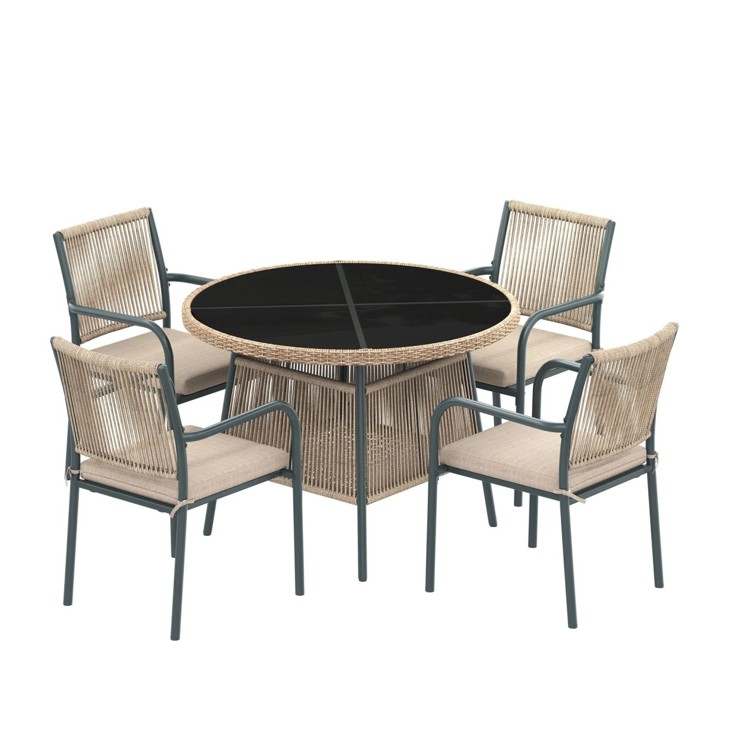 PXloue 5 Teiliges Gartenmöbel Set aus Rattan mit Rundem Glastisch und 4 Armlehnstühlen Grau