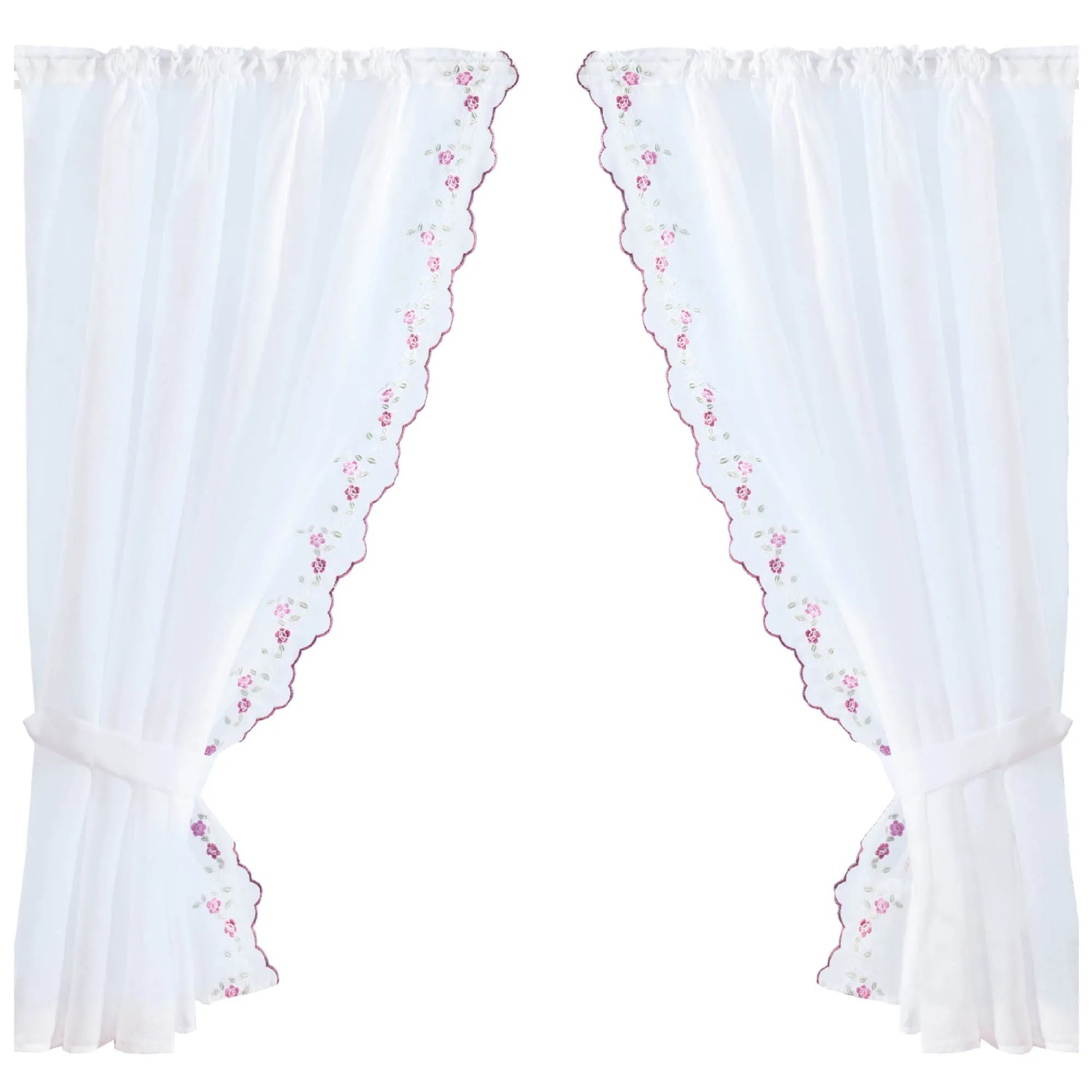 Arsvita Gardinenset, weinrot mit Blumenmuster, Satin, 2 Schals mit Raffhaltern.