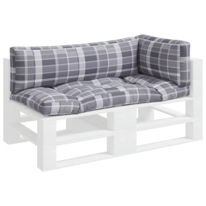 Graues 3-tlg. Palettenkissen-Set mit Karomuster auf weißem Palettensofa. Bequeme Sitz- und Rückenkissen aus Stoff.