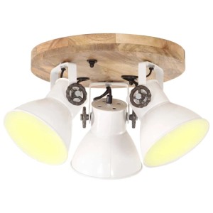 Weiße Deckenlampe im Industriestil mit drei Strahlern und Holzsockel.