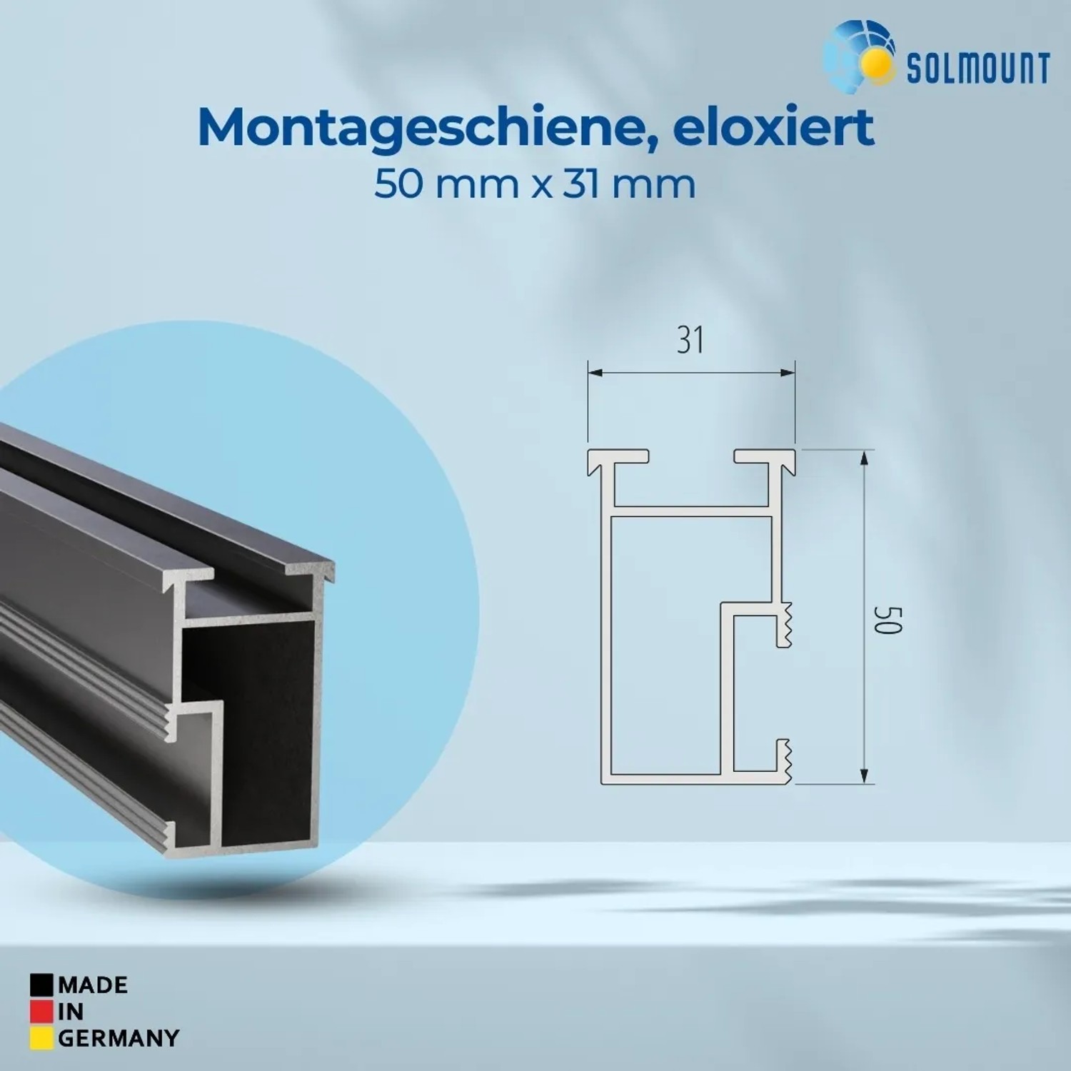 SolMount Montageschiene, 50x31 mm, 2400 mm, schwarz eloxiert, für Solaranlagen.