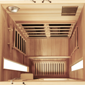 Innenansicht Dewello Infrarotkabine Pierson Pro aus Hemlock Zeder mit Vollspektrum- und Karbonstrahler.