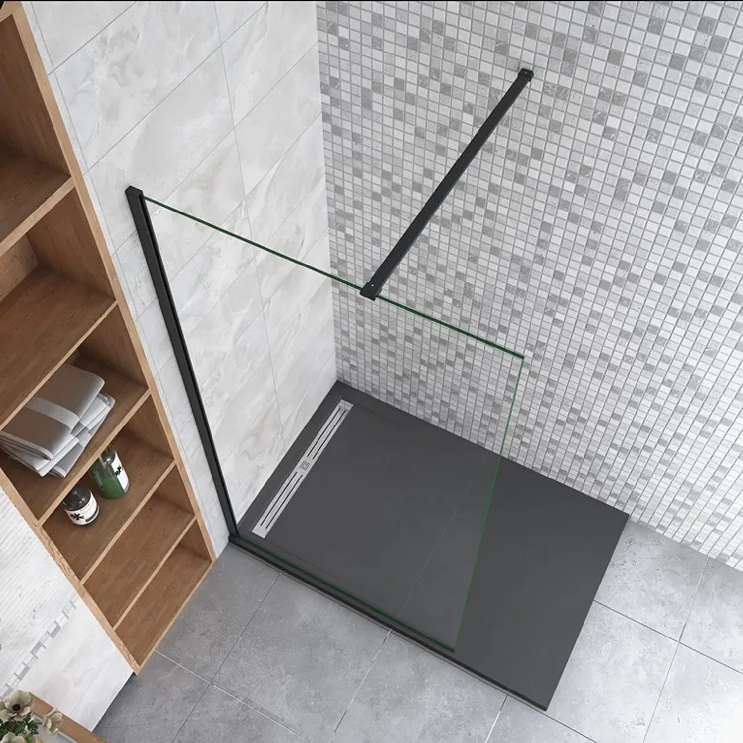 Walk-In Dusche mit schwarzem Rahmen, Klarglas und Stabilisierungsstange im modernen Badezimmer.