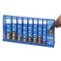Blauer HMF Münzsortierer für Euro-Münzen und Scheine, mit sortierten Münzen und Hand. Ideal als Spardose.