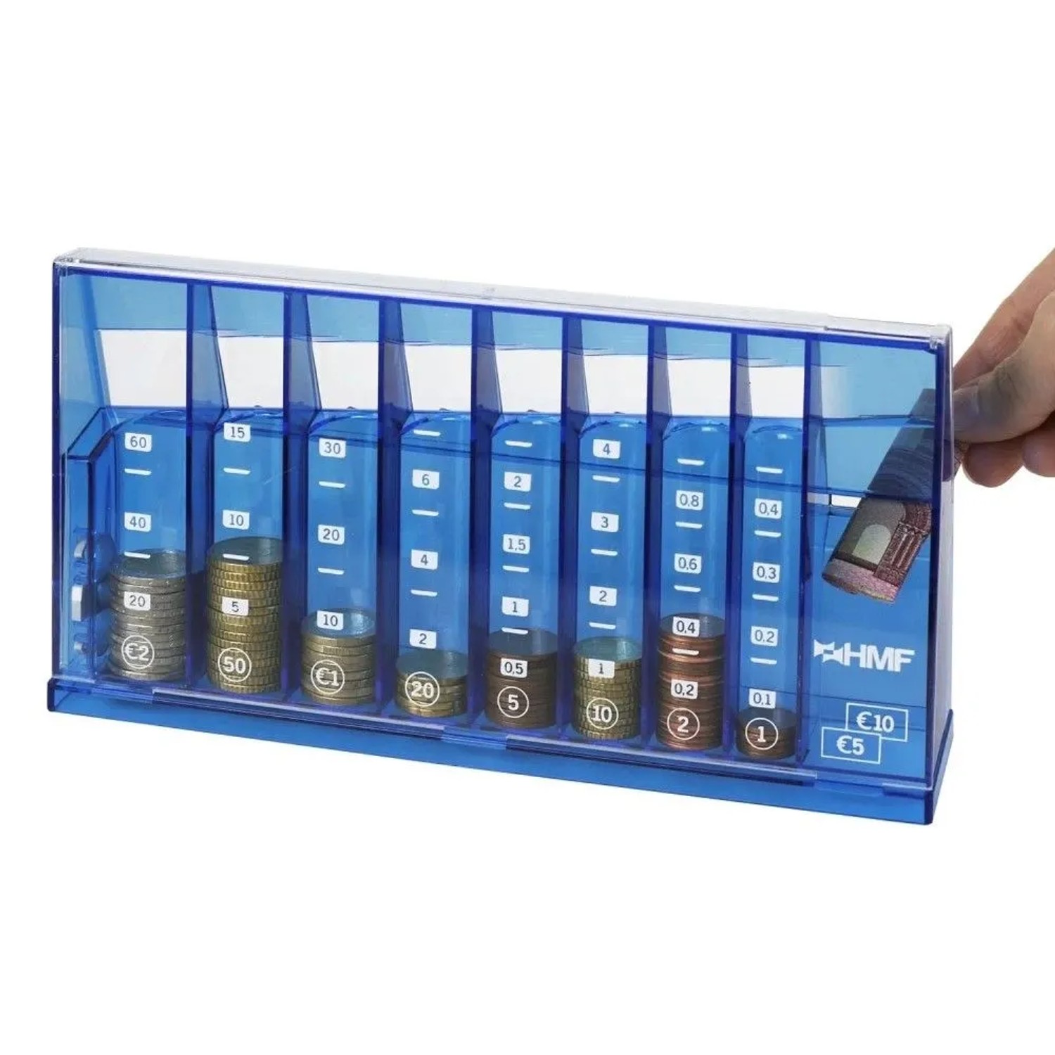 Blauer HMF Münzsortierer für Euro-Münzen und Scheine, mit sortierten Münzen und Hand. Ideal als Spardose.