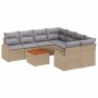 Beige-hellgraues 9-teiliges Garten-Sofa-Set aus Rattan mit Tisch.
