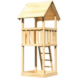 Karibu Spielturm Lotti, naturbelassen, mit Leiter und Sandkiste. Holzspielturm für den Garten.