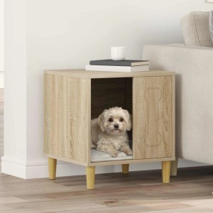 Helle vidaXL Hundehütte Sonoma aus Holzwerkstoff mit Hund im Inneren.